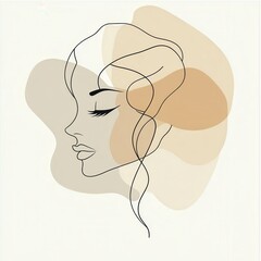 Poster - A graceful silhouette of a woman's face is drawn with smooth lines, set among abstract shapes in calming neutral colors. Generative AI