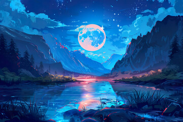 Wall Mural - a beautiful night sky with a large moon and a river, generative ai image,