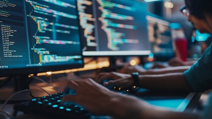 Close-up of a programmer's hands typing code on a keyboard in front of two computer monitors.