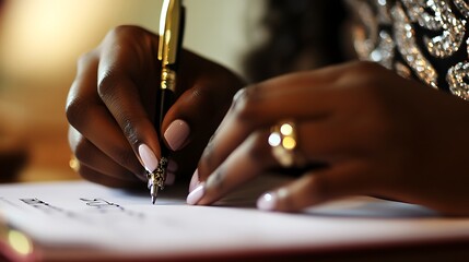 Close-up of a Woman's Hand Signing a Document with a Golden Pen