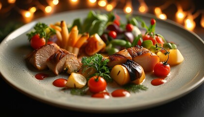 Wall Mural - A beautiful plate is placed with delicious food with soft lighting in the background, highlighting the warm dining atmosphere.