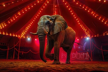 A photograph of a large elephant stands out in a circus' red tent decorated with bright red lights.