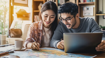 Japanese couple discussing future travel plans