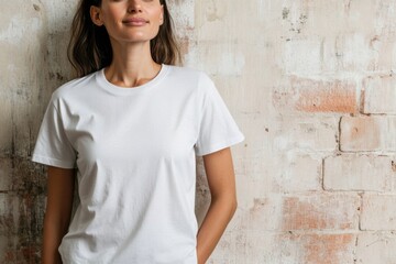 Mockup of white oversize t-shirt on a female model, design template for print