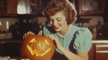 Woman Carving Pumpkin.