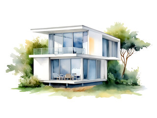 Watercolor sketch of modern minimalistic modular house. Generative AI.