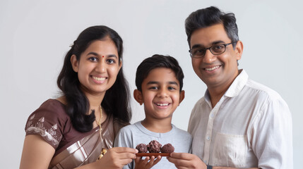 Poster - Indian parents with two kids holding chocolates