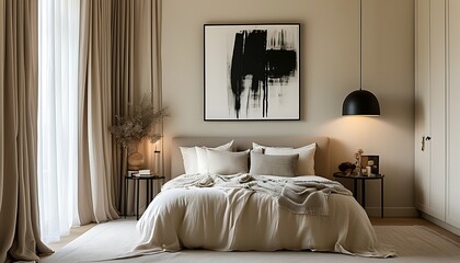 Wall Mural - A cozy bedroom with soft colors and simple furniture, black and white art paintings hanging on the walls, and beautiful curtains and decorations next to them.