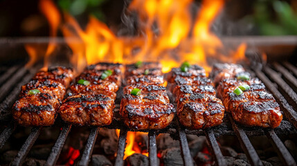 Sizzling steaks cooking on a bbq with fiery flames in the backdrop