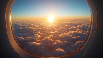 Serene view of the sun setting over a breathtaking layer of clouds, captured from an airplane window