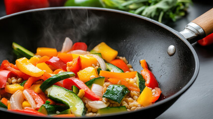 Wall Mural - Barley and vegetable stir-fry in a wok, capturing the vibrant colors and health benefits.