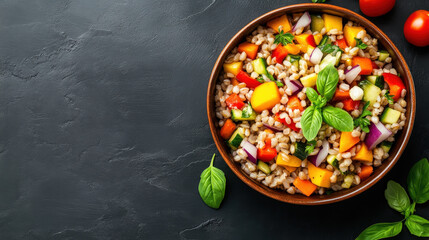 Wall Mural - Barley salad in a rustic bowl with colorful vegetables and herbs, top view, emphasizing slimming and anti-aging benefits. 