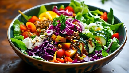 Wall Mural - A hearty bowl of salad, paired with fresh ingredients and rich seasonings, is colorful and mouth-watering.