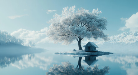 Sticker - A tree and a small house in the middle of an icy lake, with a white reflection