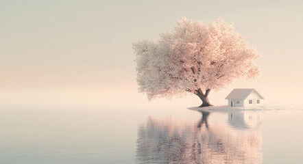 Sticker - A tree and a small house in the middle of an icy lake, with a white reflection