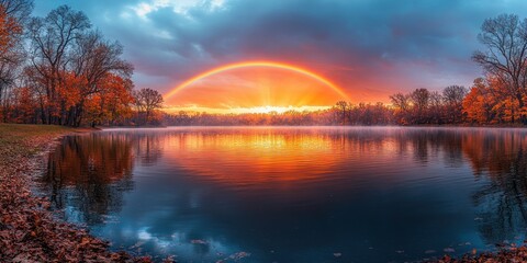 Wall Mural - A Rainbow Arcs Over a Still Lake During Sunset