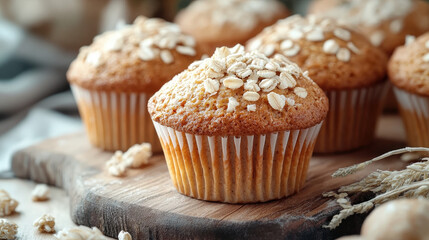 Wall Mural - Wheat and rice muffins on a wooden board, promoting a healthy and balanced snack 