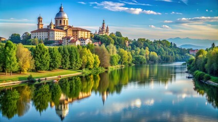 Scenic panorama of river Po with Basilica of Superga in Turin, Italy, Turin, Italy, Basilica, Superga, Panorama