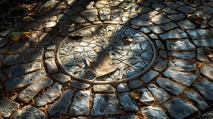 Wall Mural - The shadow of a leaf casting an intricate pattern on a sunlit stone pathway, with the shadow adding texture and detail to the scene