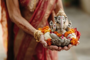 Happy indian woman holding lord ganesha sculpture, celebrating lord ganesha festival