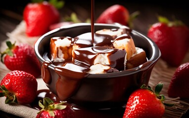 A sweet treat for dessert lovers is the delicious chocolate fondue with strawberries and bread.