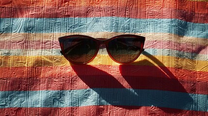 Wall Mural - The shadow of a pair of sunglasses on a beach towel, with the shadow adding a playful touch to the sunny, relaxed scene