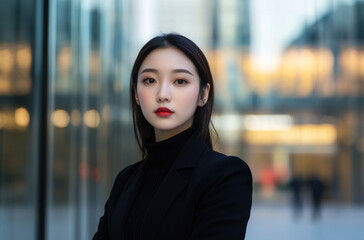 Wall Mural - Asian woman in black suit, elegant pose, standing against glass building background with skyscrapers, business attire