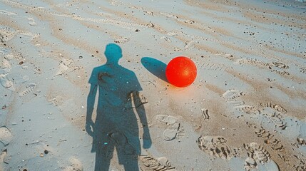 Wall Mural - The shadow of a person holding a beach ball on the sand, with the shadow adding a playful and dynamic element to the sunny beach scene