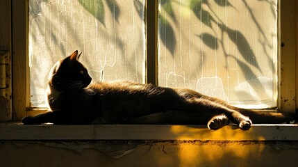 Wall Mural - The shadow of a cat stretching on a sunny windowsill, with the shadow adding a playful and relaxed touch to the indoor scene