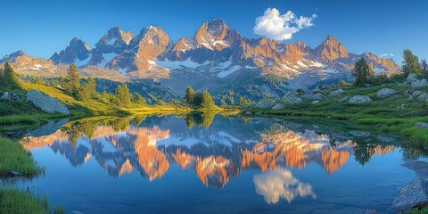 Wall Mural - Mountain Range Reflected in a Tranquil Alpine Lake