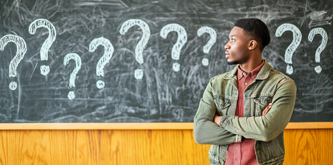 Fototapete - Man standing in front of blackboard with question marks.