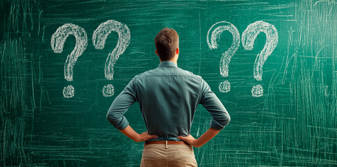 Fototapete - Man looking at three large question marks drawn on a chalkboard.
