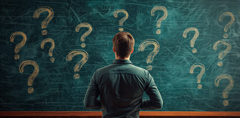 Fototapete - Pensive person facing a chalkboard with multiple question marks, symbolizing confusion and search for answers.