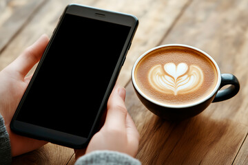 Wall Mural - Close-up of hands holding smartphone and coffee with latte art on wooden table.