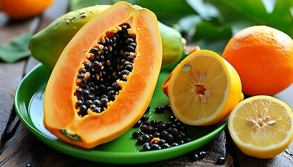 Fresh papaya is cut open to reveal black seeds, served with lemons and oranges next to it, presenting a natural and healthy eating style, green tableware