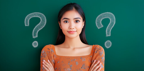 Fototapete - Woman with Question Marks on Green Background, Concept of Inquiry and Curiosity.