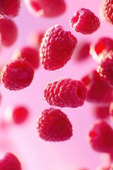 Poster - Detailed Floating Raspberries with Sunlight and Pink Backdrop