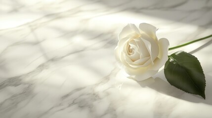 Aufkleber - A single white rose rests gently on a polished white marble surface, highlighted by diffused natural light creating a serene atmosphere. Generative AI