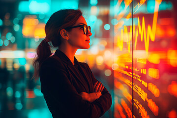 Poster - Businesswoman analyzing stock market data on a digital screen with a blurred city background at night. Ai generative.