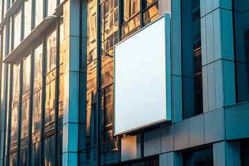 Poster - Blank billboard on modern building facade in city street during sunset.