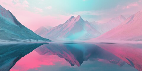 A beautiful mountain range with a pink and blue sky. The mountains are covered in snow and the water is calm. The scene is serene and peaceful, with the mountains reflecting the sky and the water