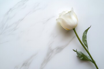 Aufkleber - A single stem of a white flower lies gracefully on a white marble surface, highlighting its simplicity and elegance in a serene setting. Generative AI