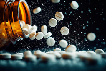 Close-up of white pills spilling from a brown bottle on black background.