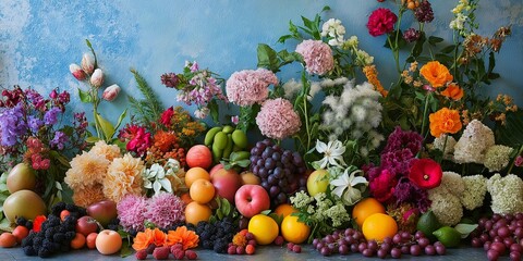 Wall Mural - A colorful display of fruits and flowers. The fruits include apples, oranges, and grapes, while the flowers are a mix of pink and purple. The arrangement is vibrant and inviting, creating a cheerful