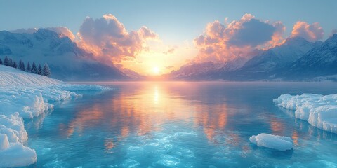 Poster - A Serene Sunset Over a Frozen Lake in a Mountain Range