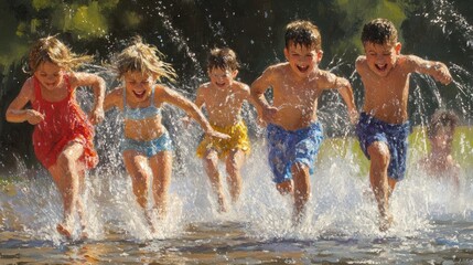 Children Running Through Water on a Summer Day