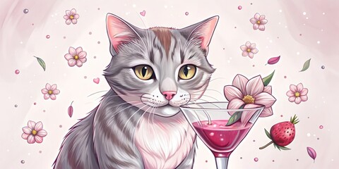 Sweet kitty holding a strawberry drink with a lemon slice and a flower against a pink floral backdrop