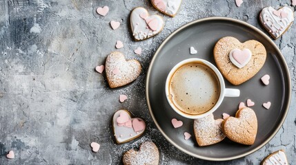 Wall Mural - an aerial view of coffee and heart-shaped cookies on top