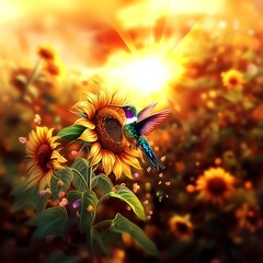 Wall Mural - there is a hummingbird flying over a sunflower with a bright sun in the background