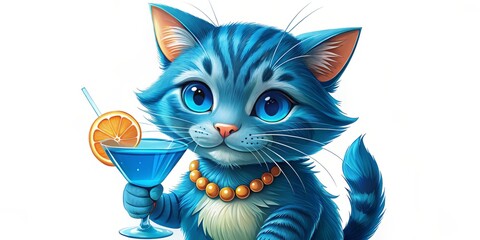 Focused blue cat holding a blue cocktail with a lemon slice and straw